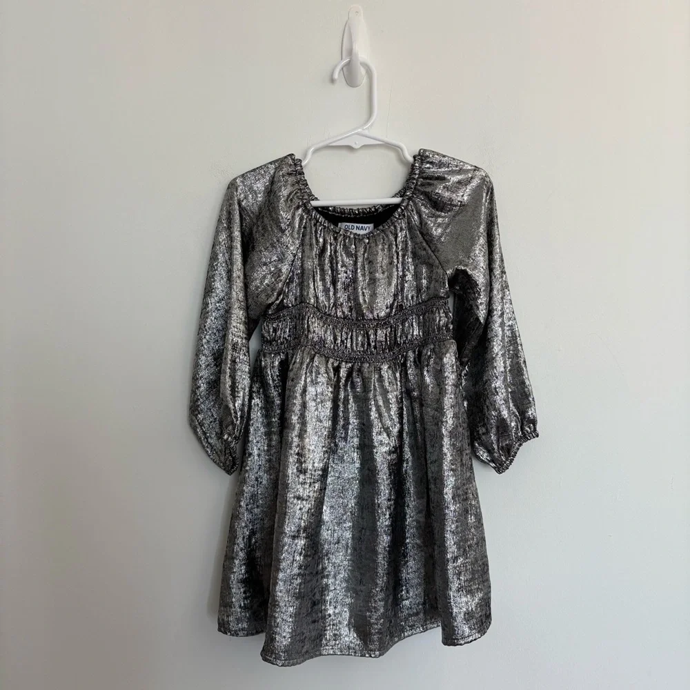 Old Navy Kids Girls Dress 3T Silver Shiny Metallic Long Sleeves Party NYE